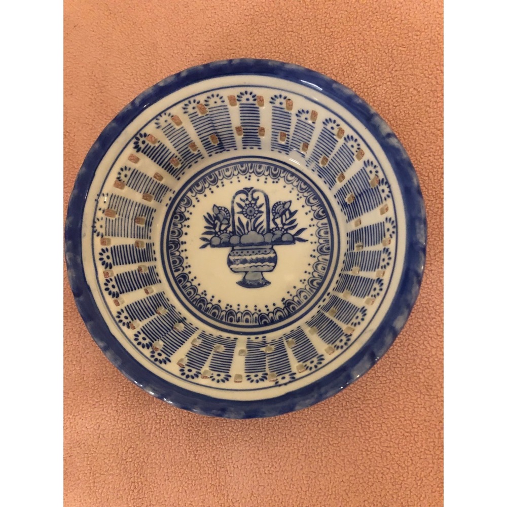 Amsel Hamburg VTG Blue And White Pottery Pierced Basket Bowl Candy Fruit Dish,GC